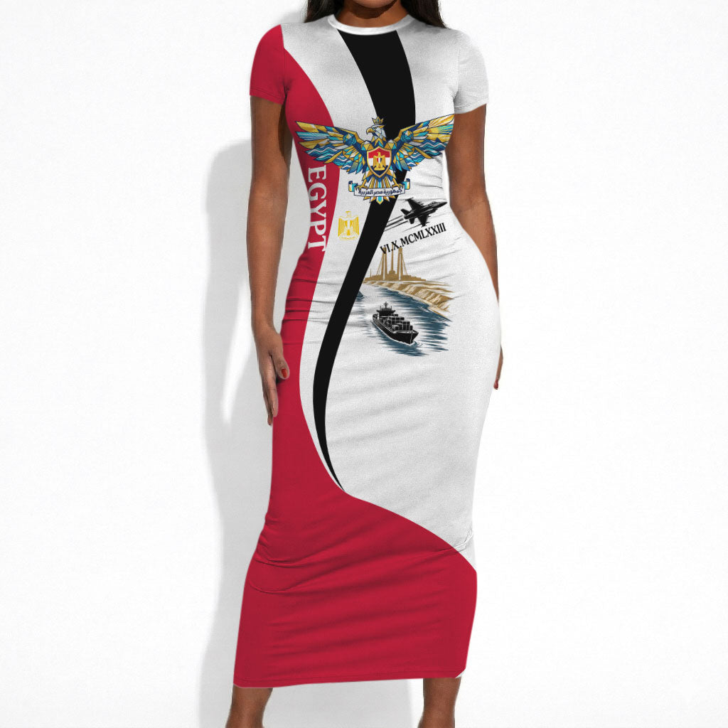 Egyptian Armed Forces Short Sleeve Bodycon Dress Military Flag Jet Fighter - Suez Canal - Eagle Of Saladin
