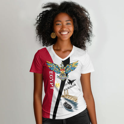 Egyptian Armed Forces Women V-Neck T-Shirt Military Flag Jet Fighter - Suez Canal - Eagle Of Saladin