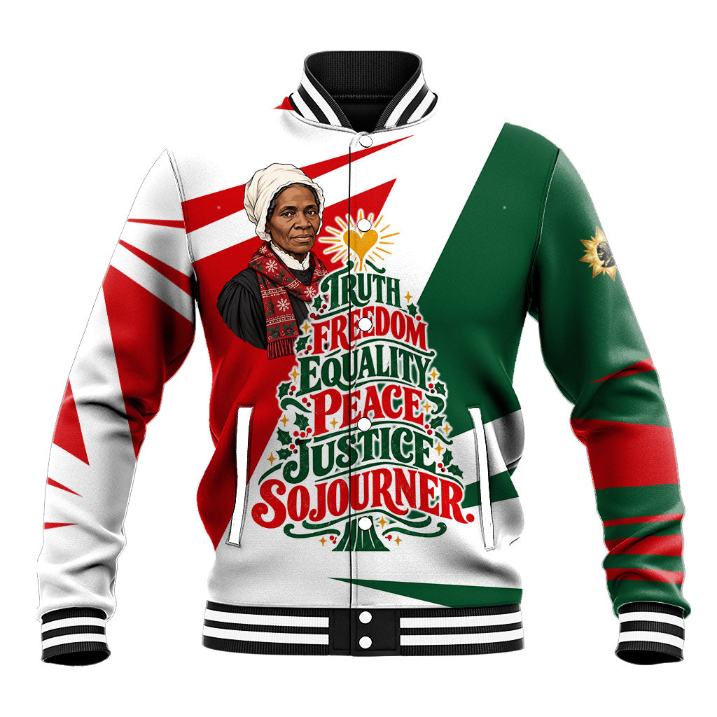Sojourner Truth Christmas Baseball Jacket Festive Holiday Graphic With Freedom Equality Peace Text