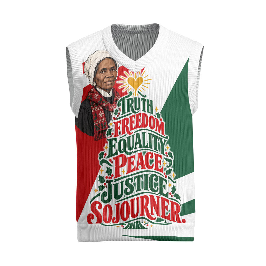 Sojourner Truth Christmas Knitted V-Neck Vest Festive Holiday Graphic With Freedom Equality Peace Text