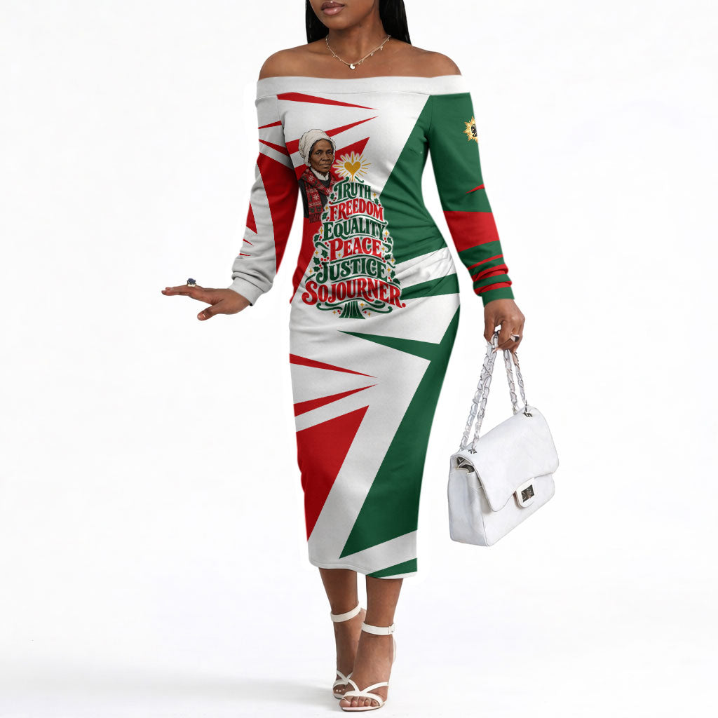 Sojourner Truth Christmas Off The Shoulder Long Sleeve Dress Festive Holiday Graphic With Freedom Equality Peace Text