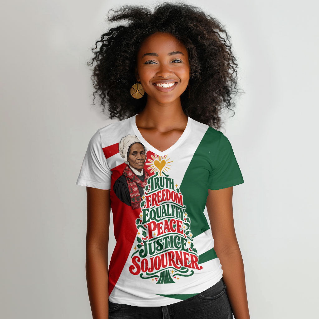 Sojourner Truth Christmas Women V-Neck T-Shirt Festive Holiday Graphic With Freedom Equality Peace Text