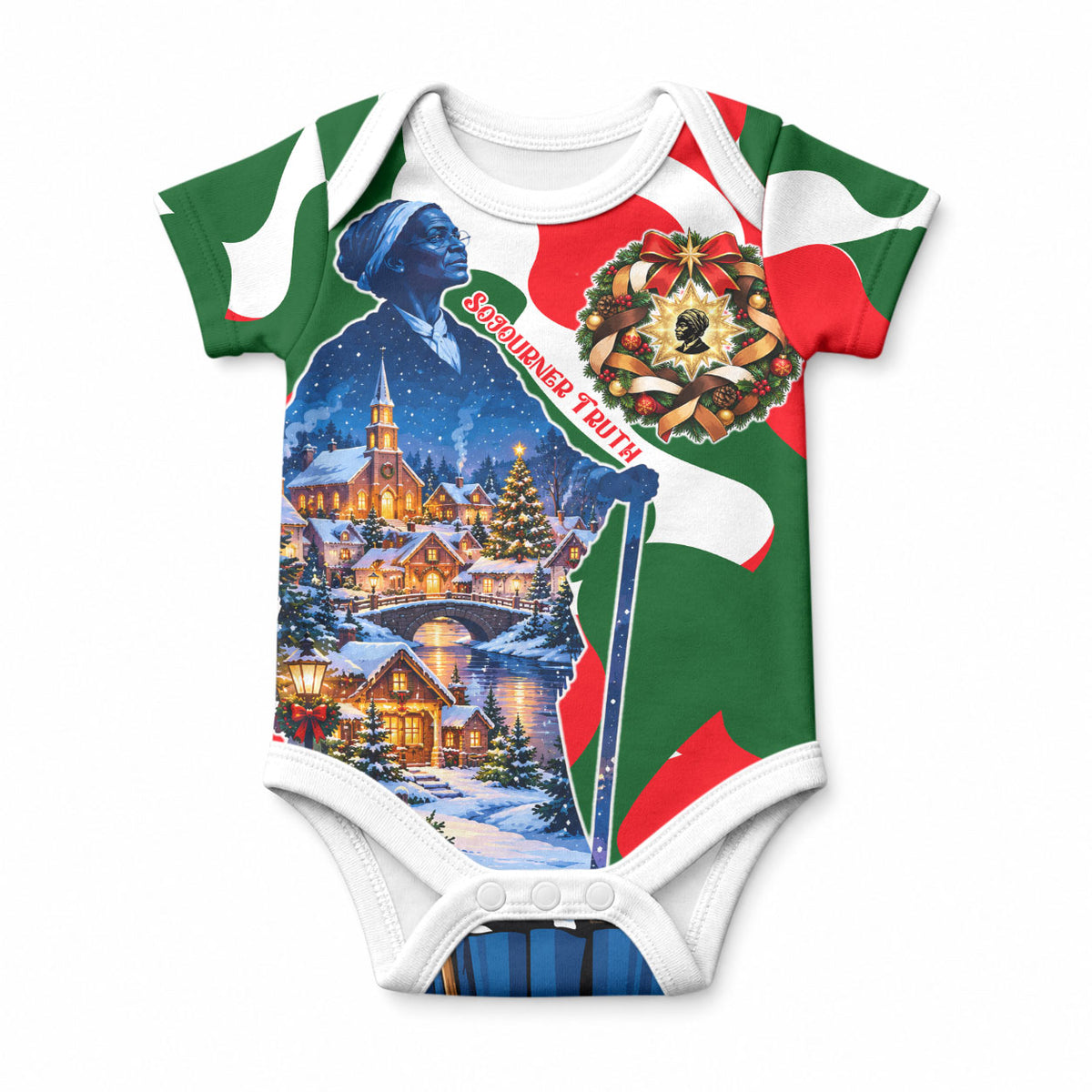 Sojourner Truth Christmas Baby Onesie Festive Holiday Wreath Graphic With Winter Town Art