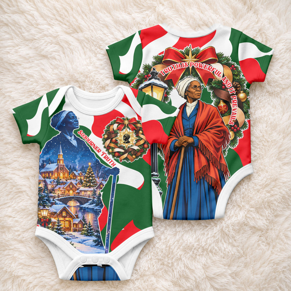 Sojourner Truth Christmas Baby Onesie Festive Holiday Wreath Graphic With Winter Town Art