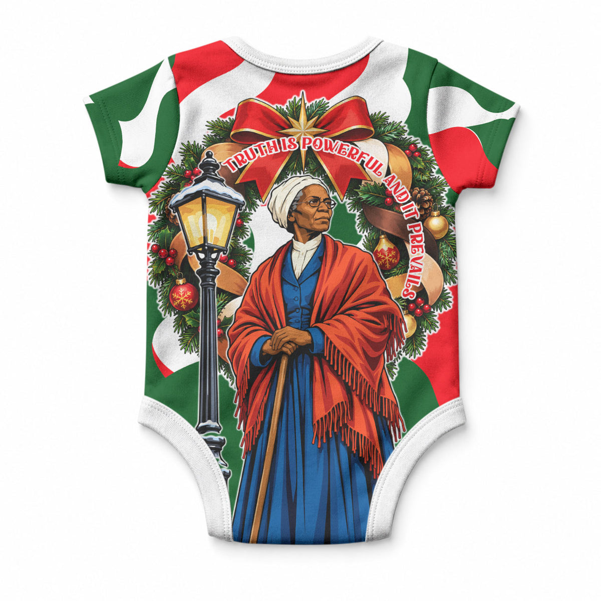 Sojourner Truth Christmas Baby Onesie Festive Holiday Wreath Graphic With Winter Town Art