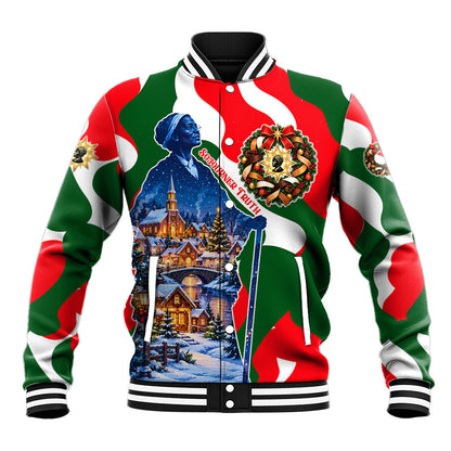 Sojourner Truth Christmas Baseball Jacket Festive Holiday Wreath Graphic With Winter Town Art