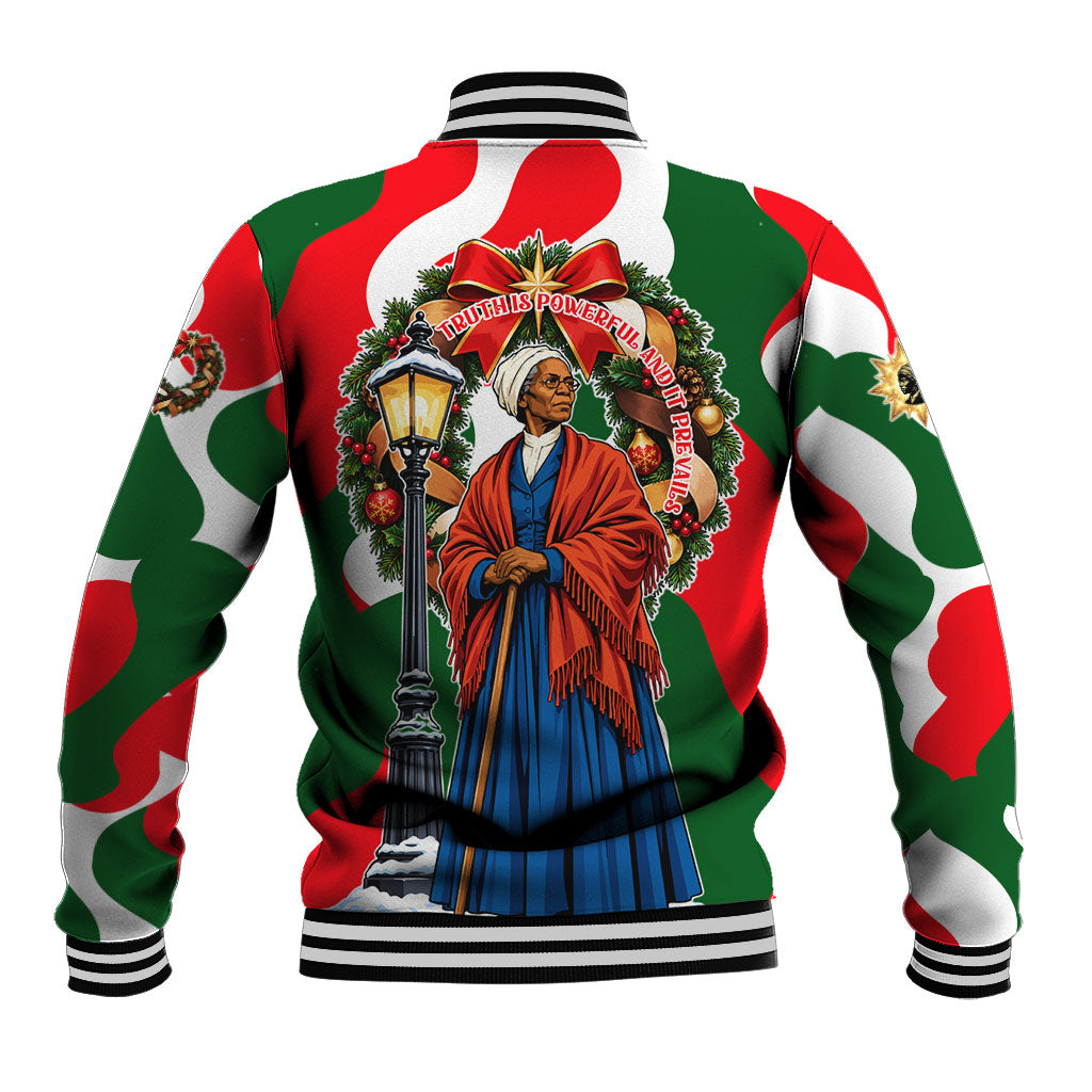 Sojourner Truth Christmas Baseball Jacket Festive Holiday Wreath Graphic With Winter Town Art