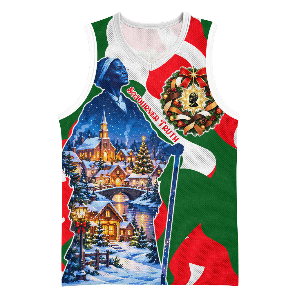 Sojourner Truth Christmas Basketball Jersey Festive Holiday Wreath Graphic With Winter Town Art