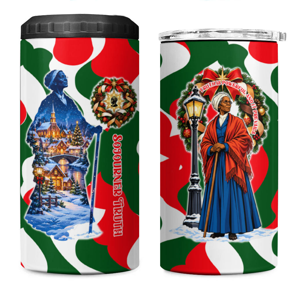 Sojourner Truth Christmas 4 in 1 Can Cooler Tumbler Festive Holiday Wreath Graphic With Winter Town Art