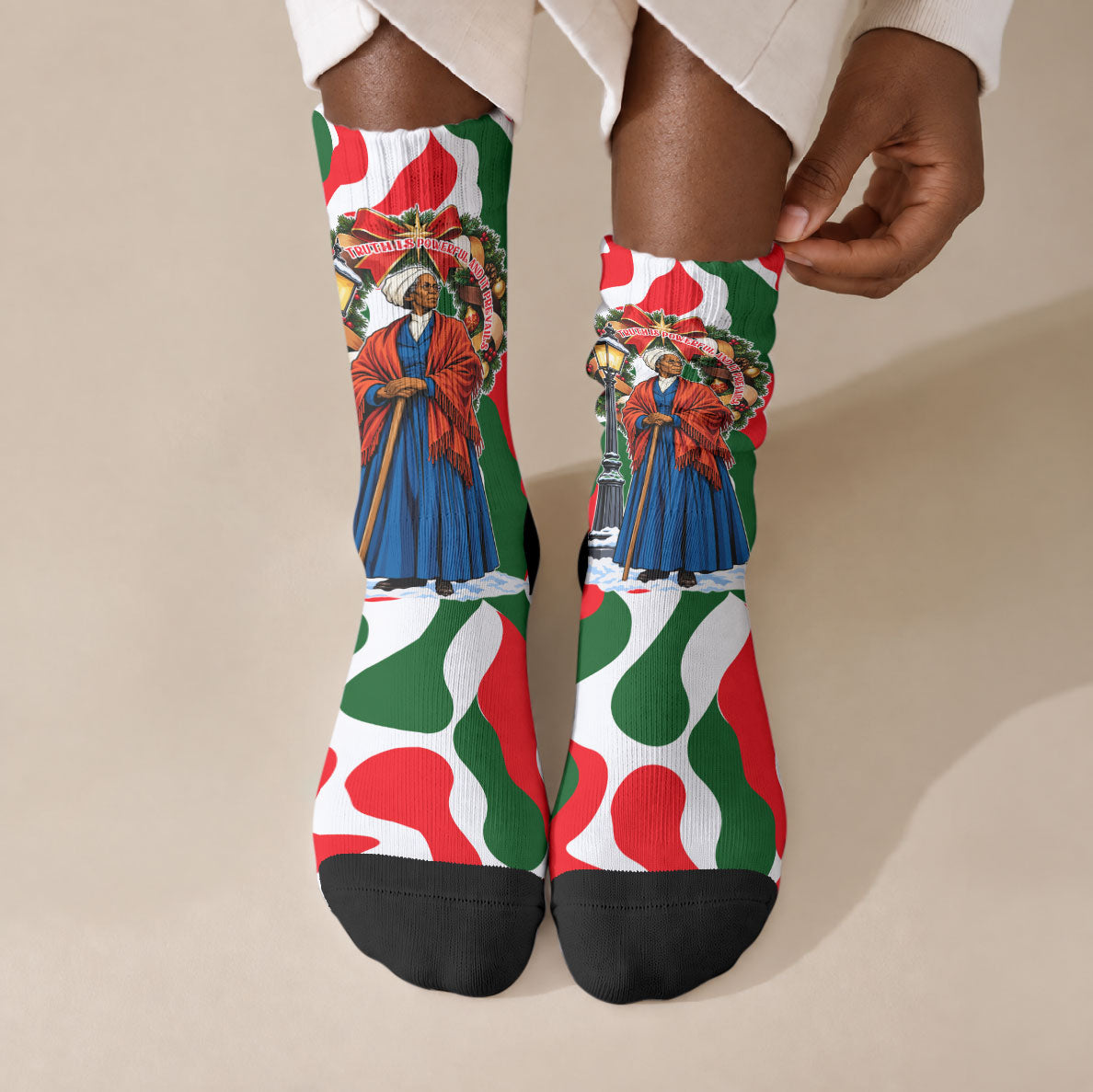 Sojourner Truth Christmas Crew Socks Festive Holiday Wreath Graphic With Winter Town Art
