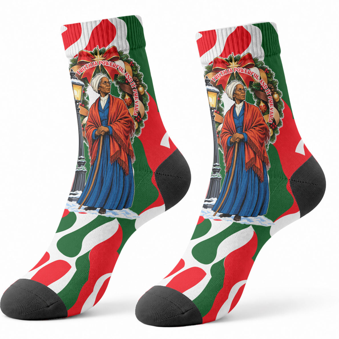 Sojourner Truth Christmas Crew Socks Festive Holiday Wreath Graphic With Winter Town Art
