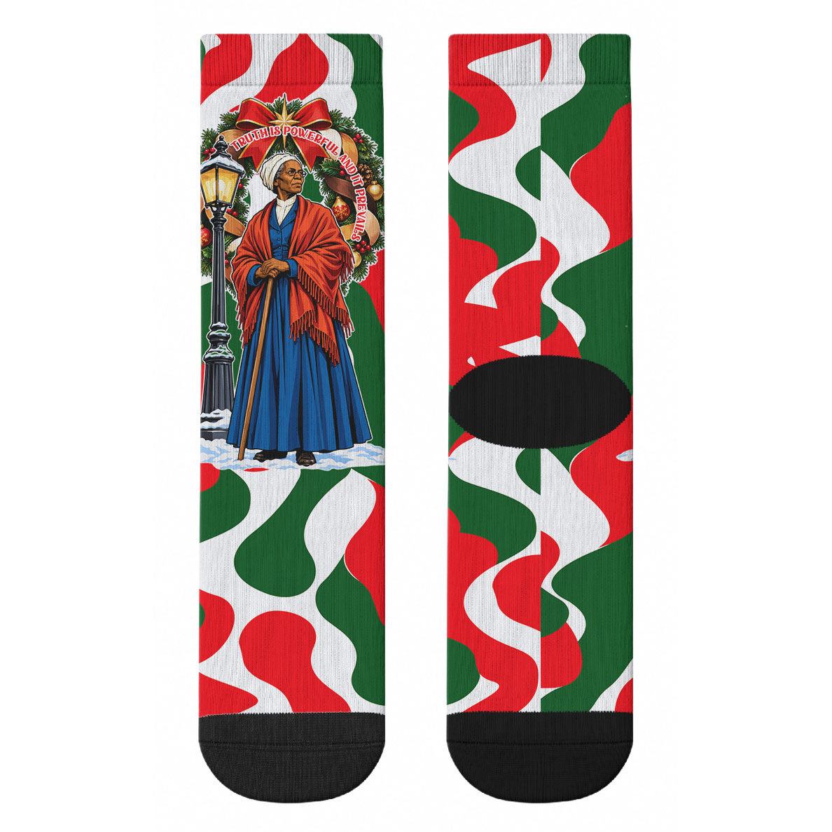 Sojourner Truth Christmas Crew Socks Festive Holiday Wreath Graphic With Winter Town Art