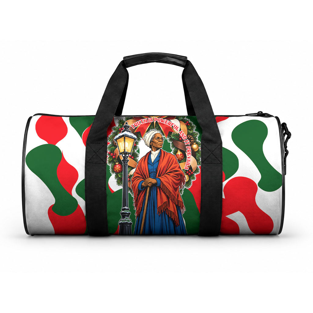 Sojourner Truth Christmas Duffle Bag Festive Holiday Wreath Graphic With Winter Town Art