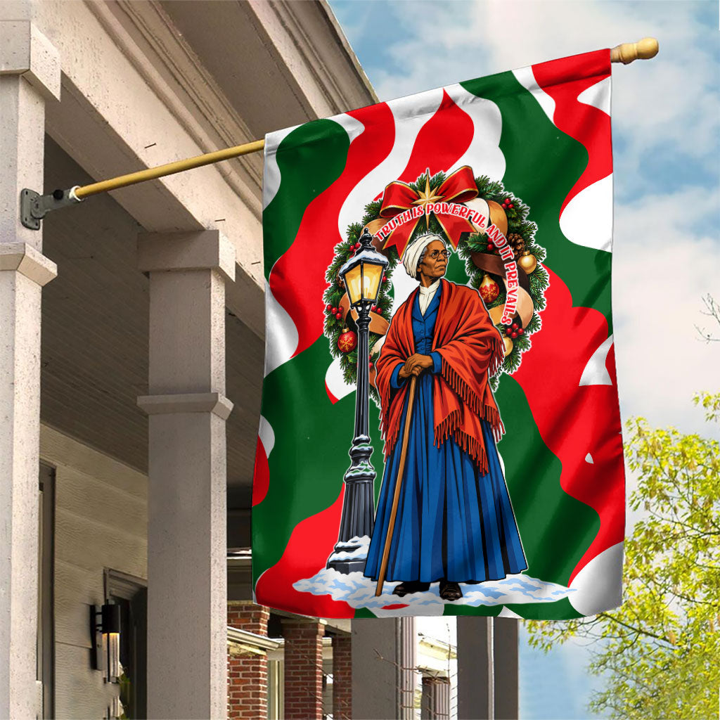Sojourner Truth Christmas Garden Flag Festive Holiday Wreath Graphic With Winter Town Art
