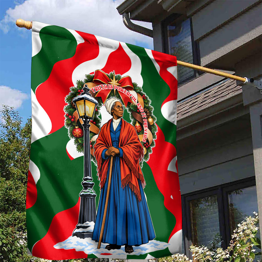 Sojourner Truth Christmas Garden Flag Festive Holiday Wreath Graphic With Winter Town Art