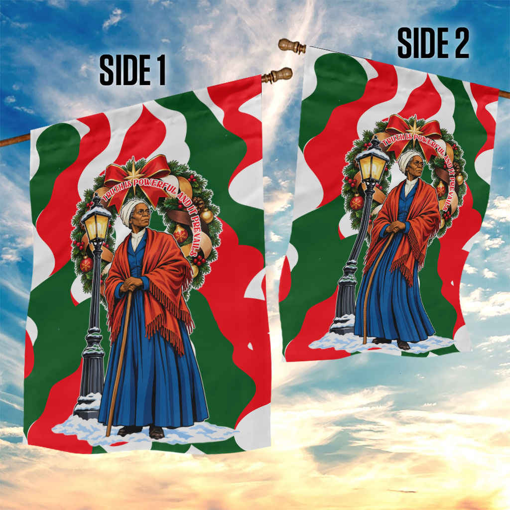 Sojourner Truth Christmas Garden Flag Festive Holiday Wreath Graphic With Winter Town Art