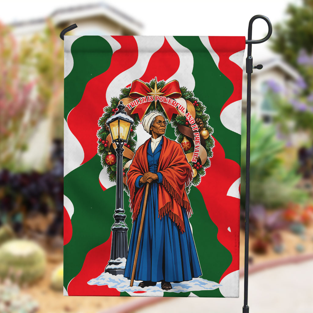 Sojourner Truth Christmas Garden Flag Festive Holiday Wreath Graphic With Winter Town Art