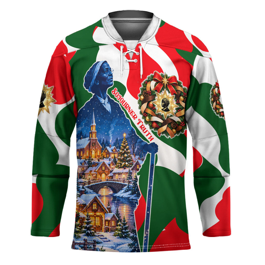 Sojourner Truth Christmas Hockey Jersey Festive Holiday Wreath Graphic With Winter Town Art