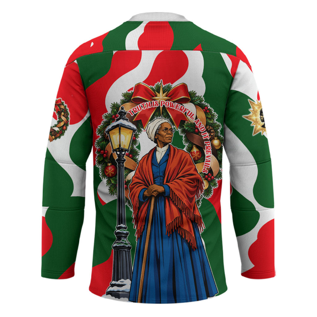 Sojourner Truth Christmas Hockey Jersey Festive Holiday Wreath Graphic With Winter Town Art