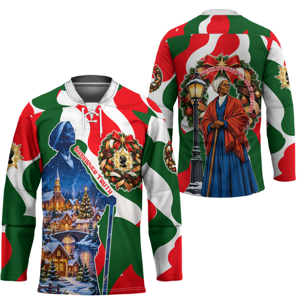 Sojourner Truth Christmas Hockey Jersey Festive Holiday Wreath Graphic With Winter Town Art