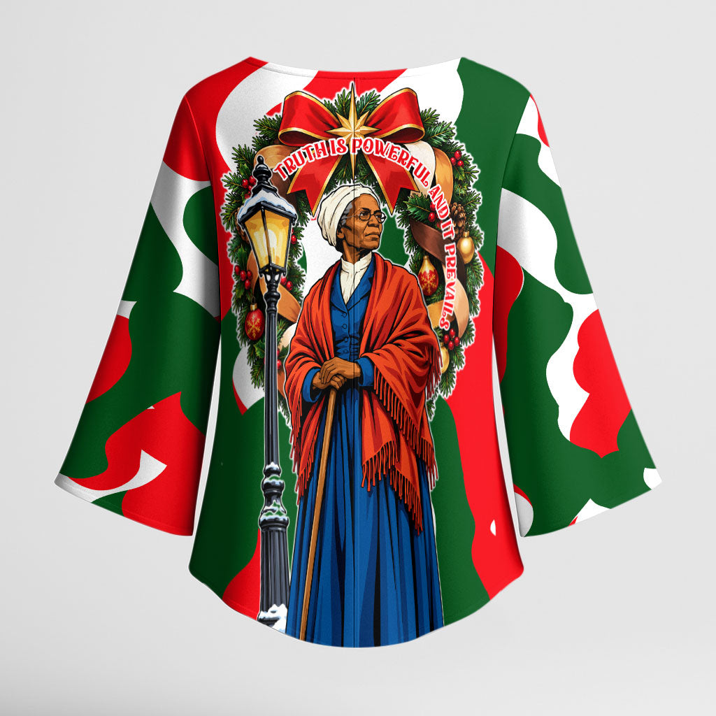 Sojourner Truth Christmas Kimono Sleeve Blouse Festive Holiday Wreath Graphic With Winter Town Art