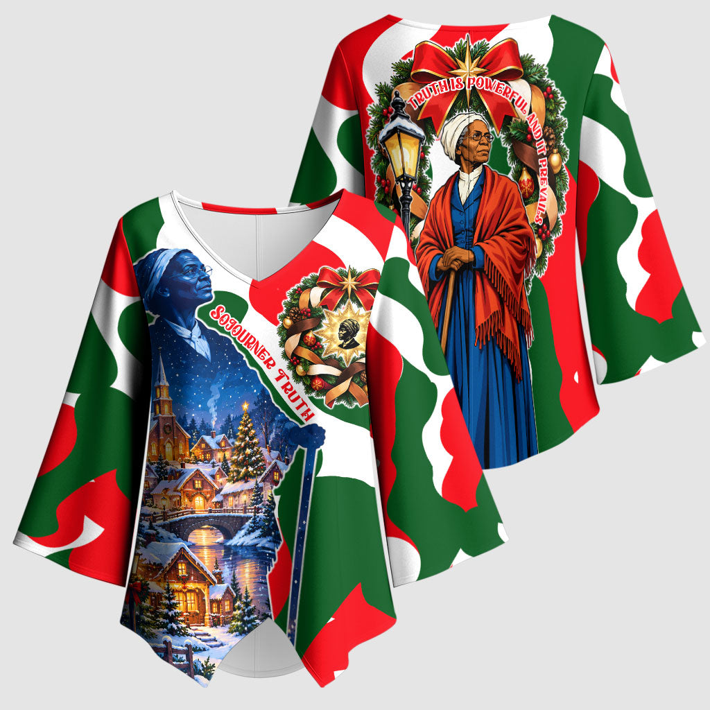 Sojourner Truth Christmas Kimono Sleeve Blouse Festive Holiday Wreath Graphic With Winter Town Art