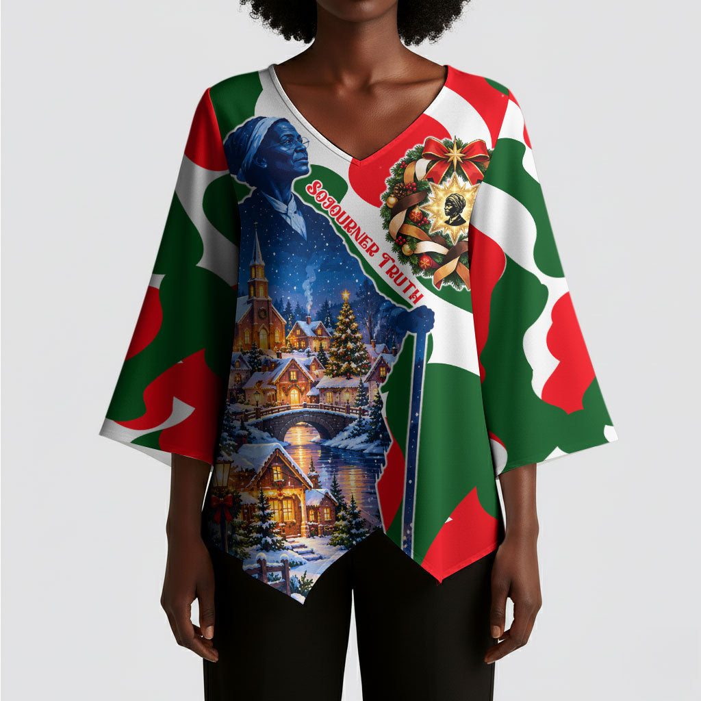 Sojourner Truth Christmas Kimono Sleeve Blouse Festive Holiday Wreath Graphic With Winter Town Art
