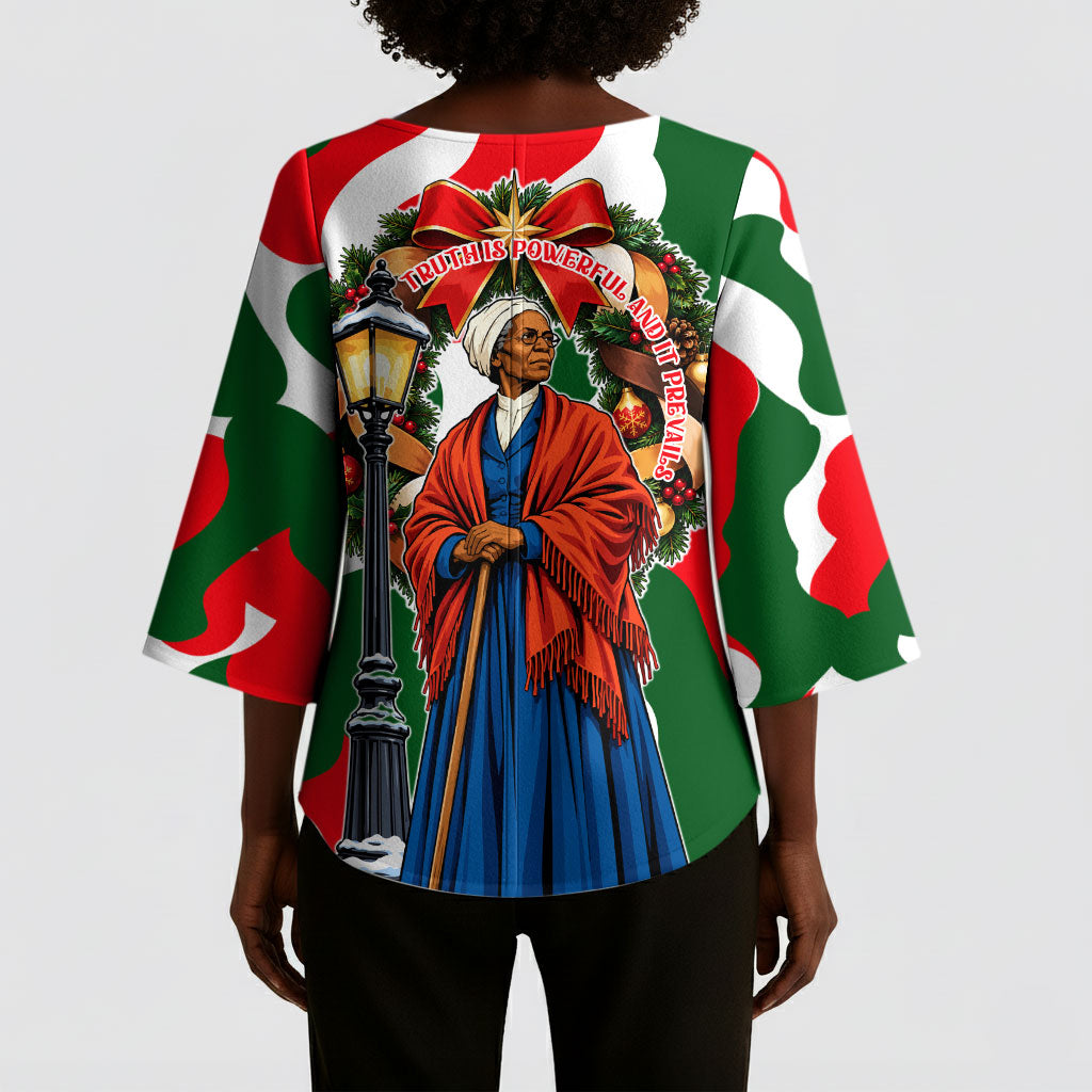 Sojourner Truth Christmas Kimono Sleeve Blouse Festive Holiday Wreath Graphic With Winter Town Art