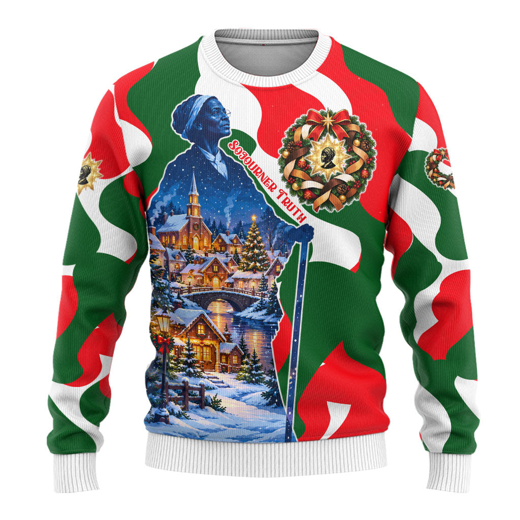 Sojourner Truth Christmas Ugly Christmas Sweater Festive Holiday Wreath Graphic With Winter Town Art