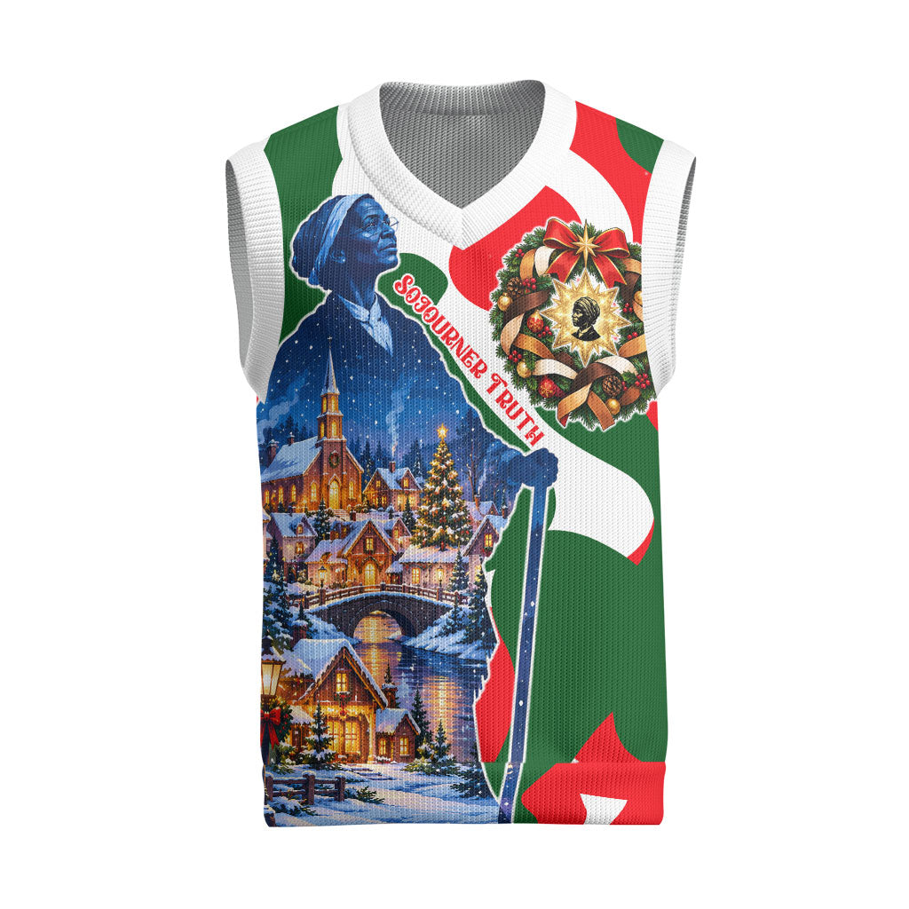 Sojourner Truth Christmas Knitted V-Neck Vest Festive Holiday Wreath Graphic With Winter Town Art