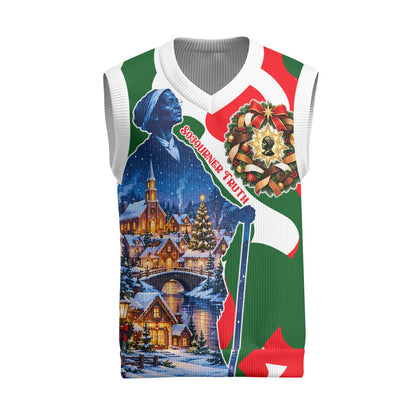 Sojourner Truth Christmas Knitted V-Neck Vest Festive Holiday Wreath Graphic With Winter Town Art