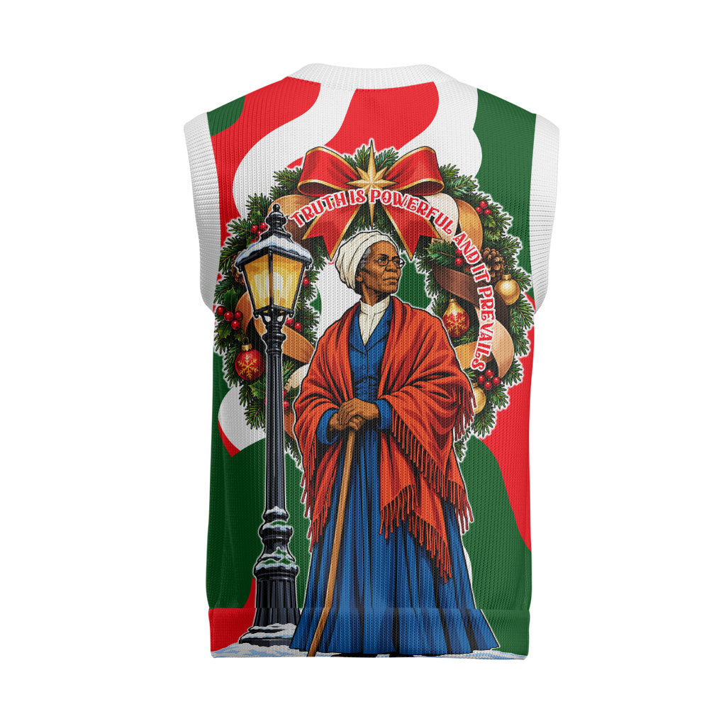 Sojourner Truth Christmas Knitted V-Neck Vest Festive Holiday Wreath Graphic With Winter Town Art