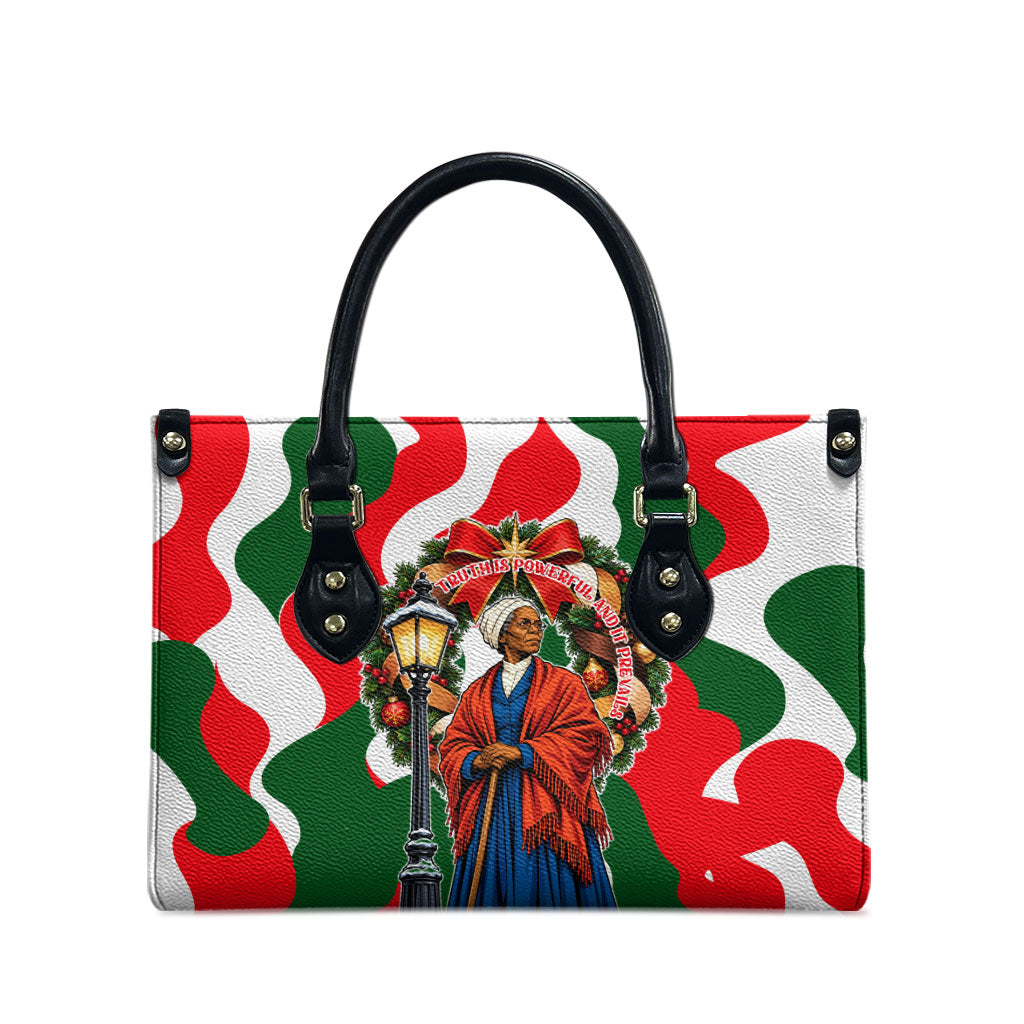 Sojourner Truth Christmas Leather Bag Festive Holiday Wreath Graphic With Winter Town Art