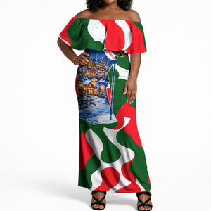 Sojourner Truth Christmas Off Shoulder Maxi Dress Festive Holiday Wreath Graphic With Winter Town Art