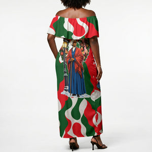 Sojourner Truth Christmas Off Shoulder Maxi Dress Festive Holiday Wreath Graphic With Winter Town Art