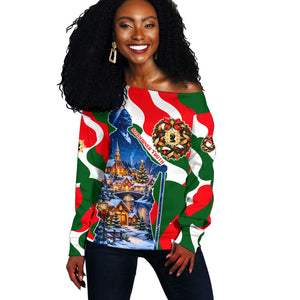 Sojourner Truth Christmas Off Shoulder Sweater Festive Holiday Wreath Graphic With Winter Town Art