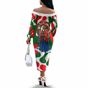 Sojourner Truth Christmas Off The Shoulder Long Sleeve Dress Festive Holiday Wreath Graphic With Winter Town Art