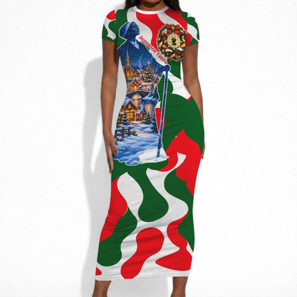 Sojourner Truth Christmas Short Sleeve Bodycon Dress Festive Holiday Wreath Graphic With Winter Town Art