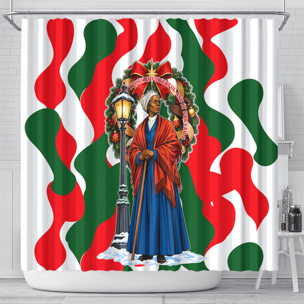 Sojourner Truth Christmas Shower Curtain Festive Holiday Wreath Graphic With Winter Town Art