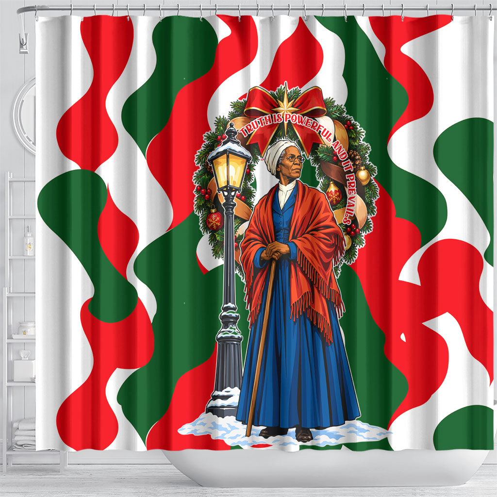 Sojourner Truth Christmas Shower Curtain Festive Holiday Wreath Graphic With Winter Town Art