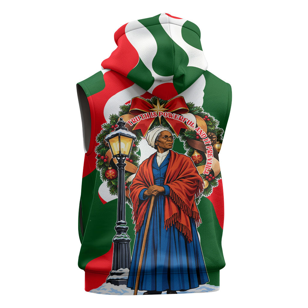 Sojourner Truth Christmas Sleeveless Hoodie Festive Holiday Wreath Graphic With Winter Town Art