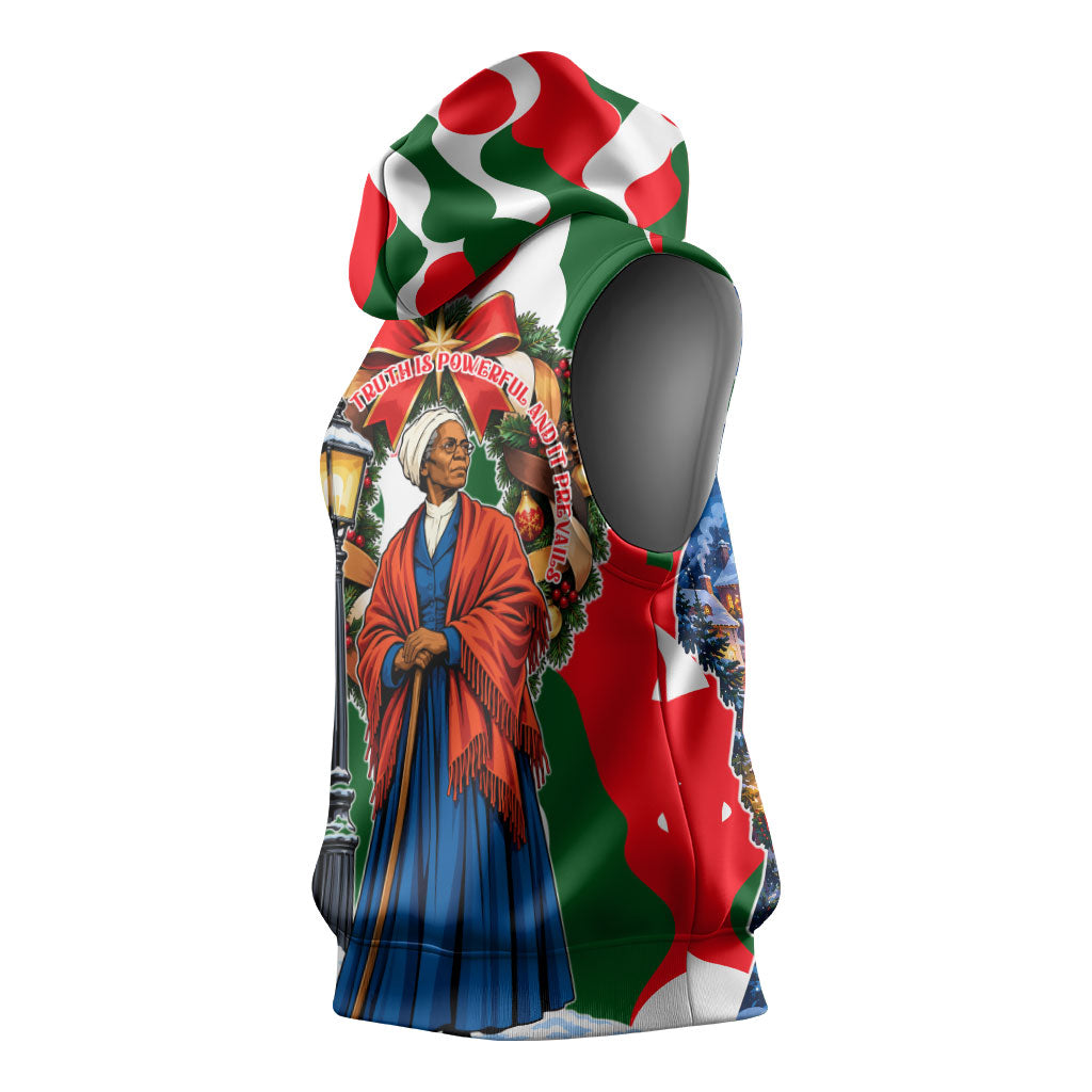 Sojourner Truth Christmas Sleeveless Hoodie Festive Holiday Wreath Graphic With Winter Town Art