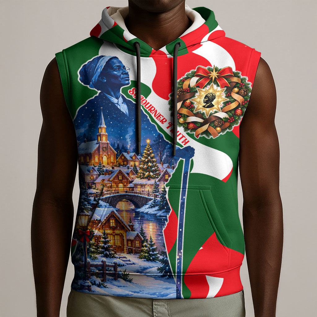 Sojourner Truth Christmas Sleeveless Hoodie Festive Holiday Wreath Graphic With Winter Town Art