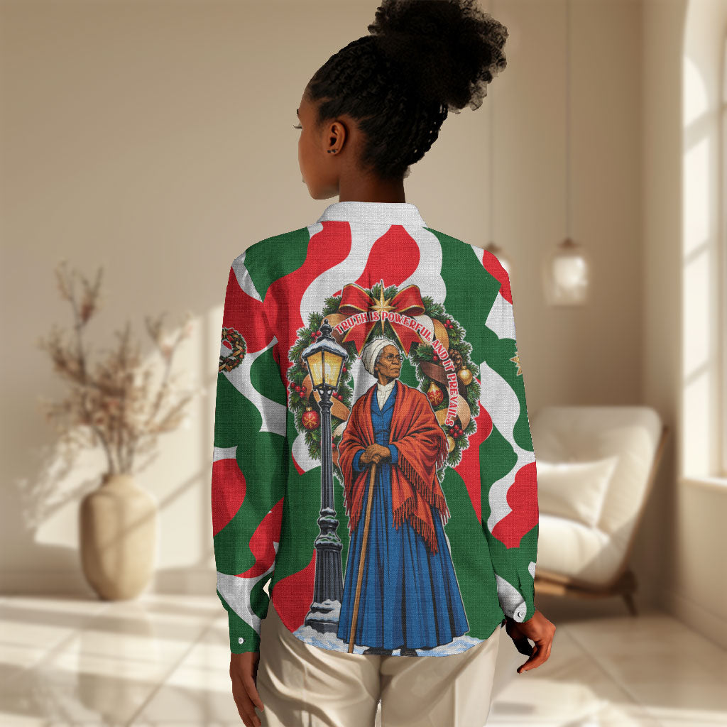 Sojourner Truth Christmas Women Casual Shirt Festive Holiday Wreath Graphic With Winter Town Art