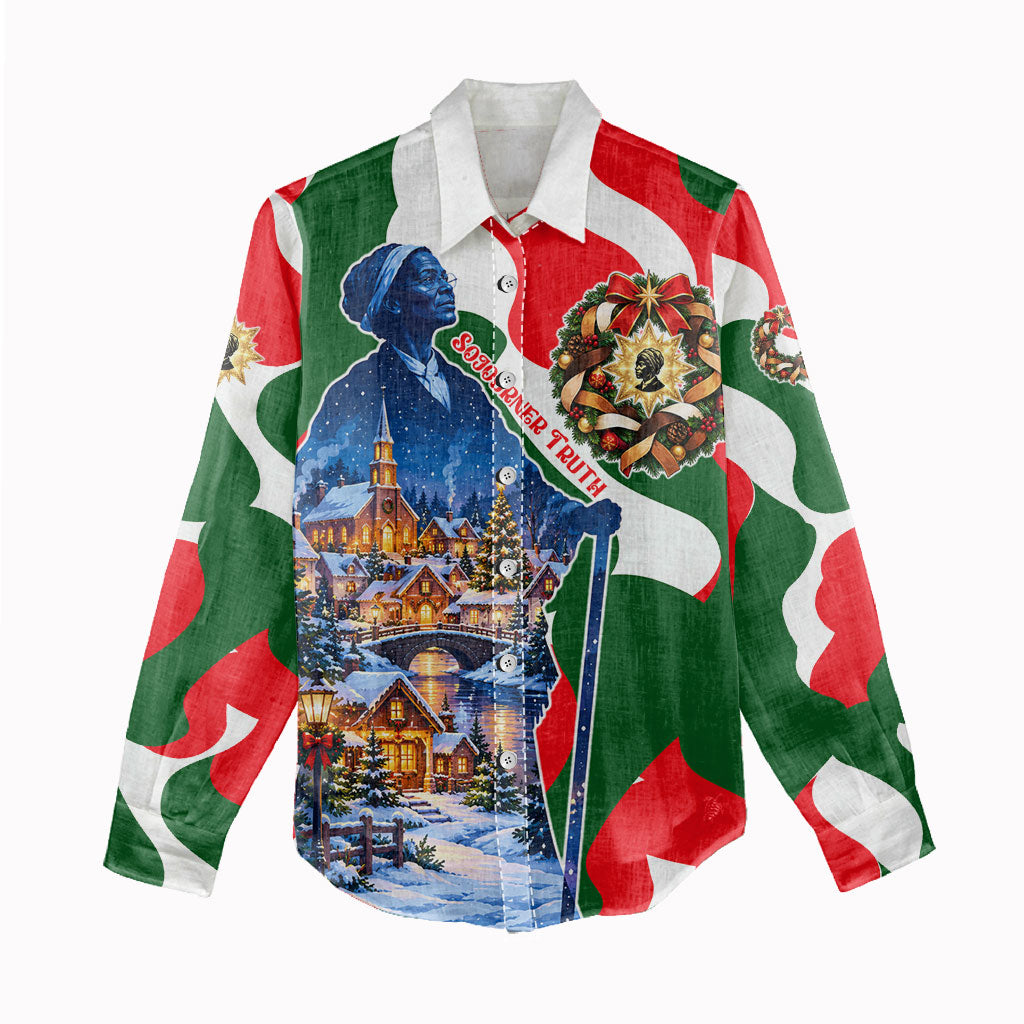 Sojourner Truth Christmas Women Casual Shirt Festive Holiday Wreath Graphic With Winter Town Art