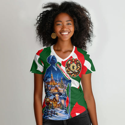 Sojourner Truth Christmas Women V-Neck T-Shirt Festive Holiday Wreath Graphic With Winter Town Art