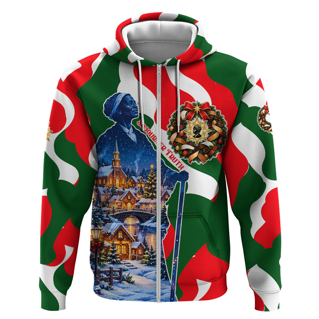 Sojourner Truth Christmas Zip Hoodie Festive Holiday Wreath Graphic With Winter Town Art