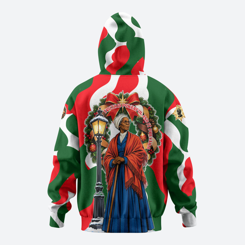 Sojourner Truth Christmas Zip Hoodie Festive Holiday Wreath Graphic With Winter Town Art