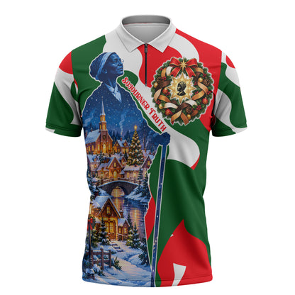 Sojourner Truth Christmas Zipper Polo Shirt Festive Holiday Wreath Graphic With Winter Town Art