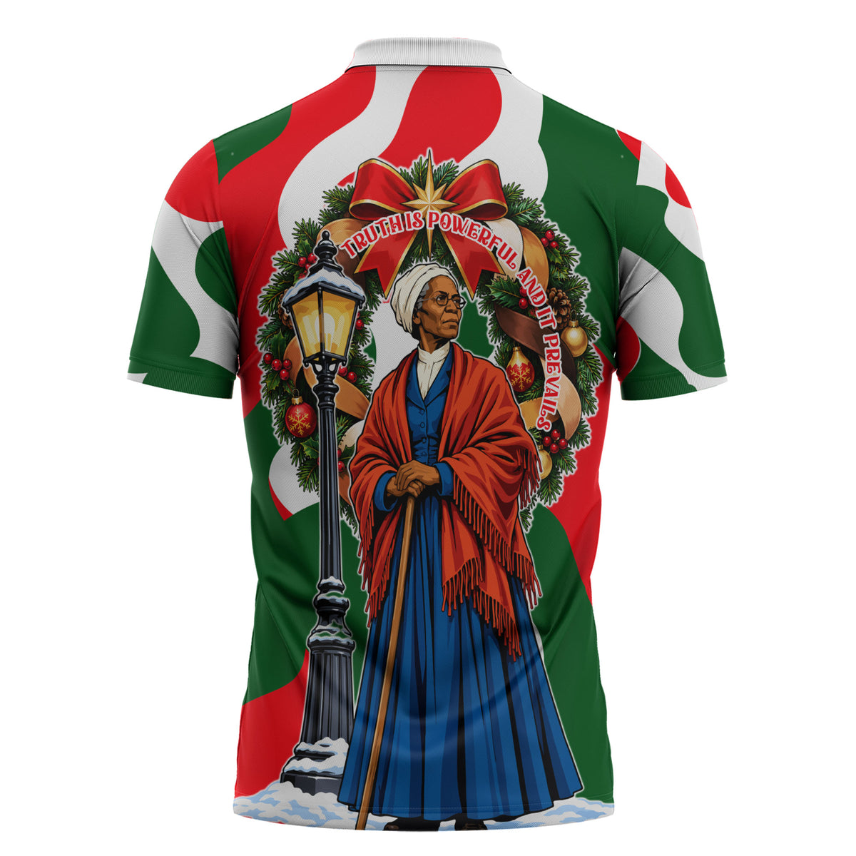 Sojourner Truth Christmas Zipper Polo Shirt Festive Holiday Wreath Graphic With Winter Town Art